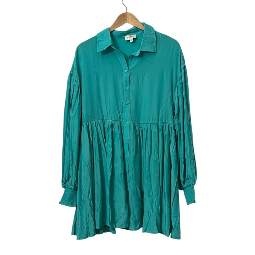 NWT Palms Away S Teal Button Front Mini Dress Long Sleeve Smocked Boho Tunic